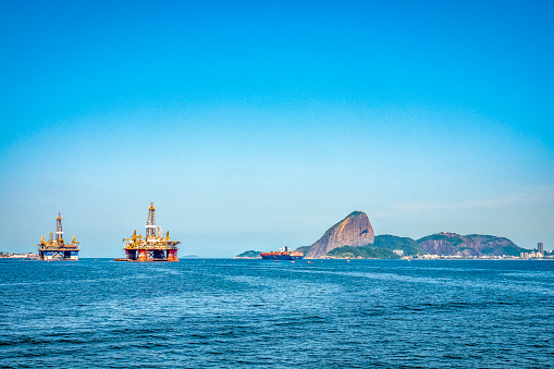 Platforms anchored in Guanabara Bay, Rio de Janeiro
Cargo ship leaving Rio de Janeiro
Sugarloaf in the background
