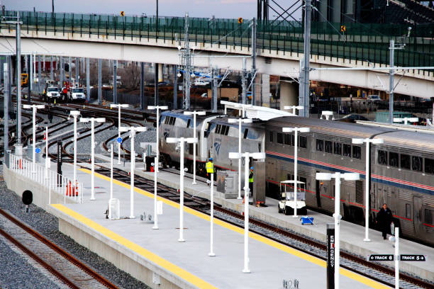 암트랙 캘리포니아 제퍼 열차가 덴버 유니언 스테이션 트랜짓 센터에 도착했습니다. - union station chicago 뉴스 사진 이미지
