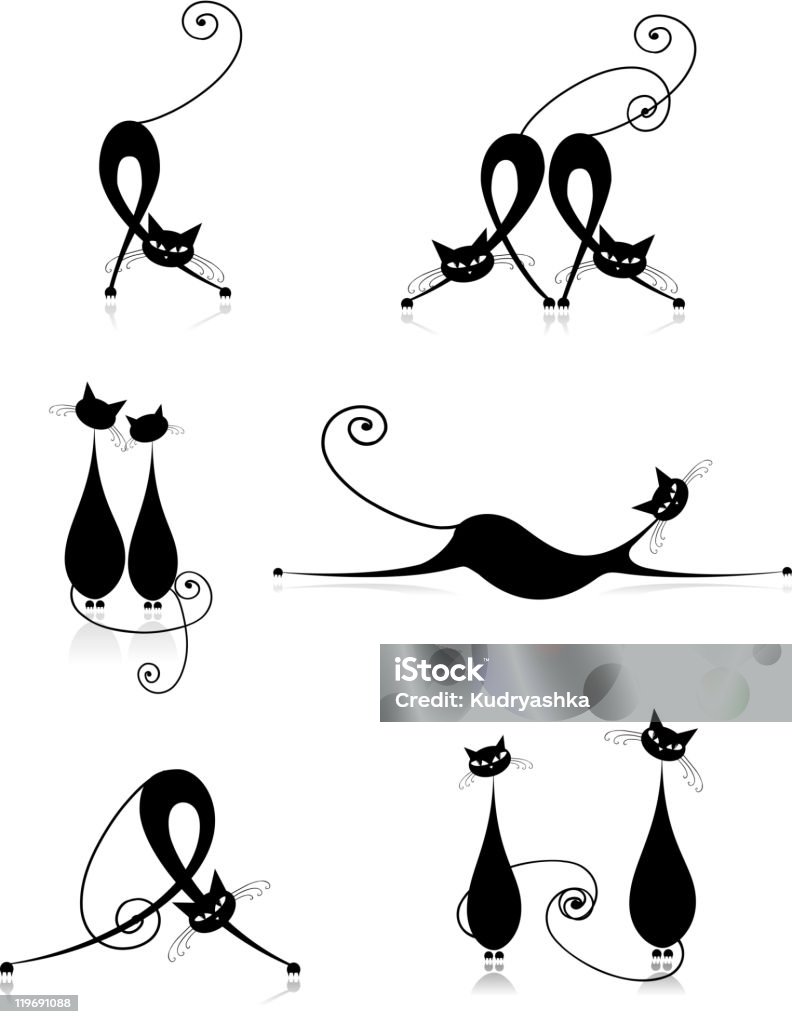 Elegantes gatos siluetas negras para su diseño - arte vectorial de Color - Tipo de imagen libre de derechos