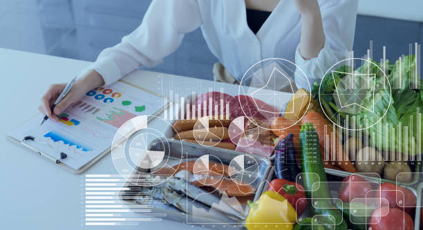 lebensmittel- und wissenschaftskonzept. ernährungsberater. ernährung. - speisen grafiken stock-fotos und bilder