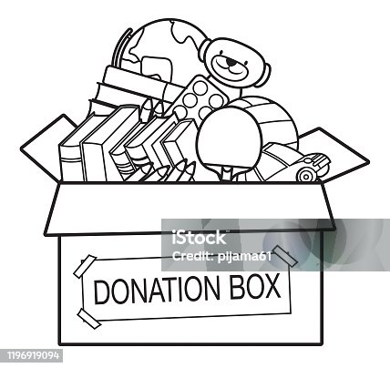 istock Coloring Book, Donation box full of toys, books, 1196919094