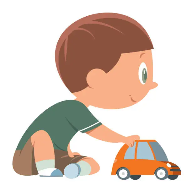 Vector illustration of Little boy playing a toy car