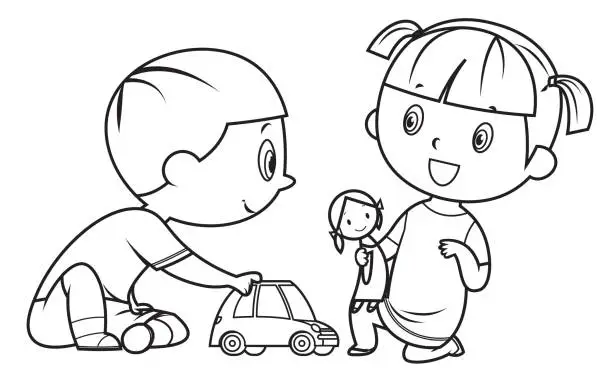 Vector illustration of Coloring Book, Kids Playing With Toy