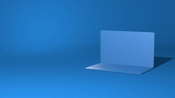 istock Modern laptop open. Stylish minimal abstract horizontal scene, place for text. Trendy classic blue color. 3D rendering 1196922062
