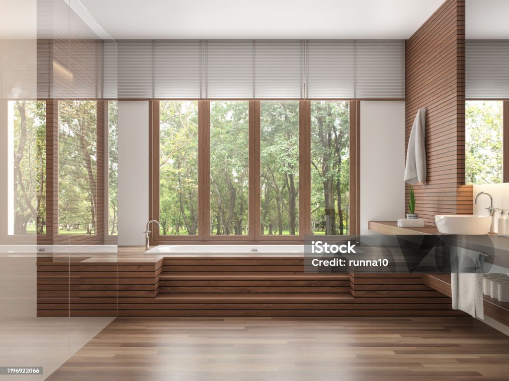 Wood bathroom modern contemporary style 3d render Wood bathroom modern contemporary style 3d render.Decorate wall and floor with wood .There are large windows look out to see the nature Window Blinds Stock Photo