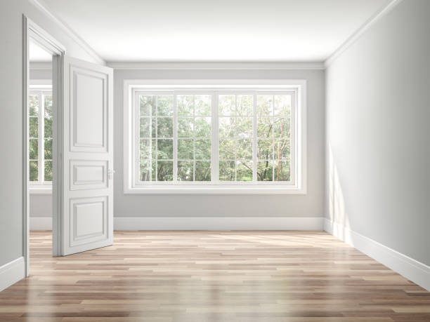 Empty classical style room 3d render Empty classical style room 3d render,The rooms have wooden floors and gray walls ,decorate with white moulding,there white window looking out to the balcony and nature view. moulding door jamb wood stock pictures, royalty-free photos & images