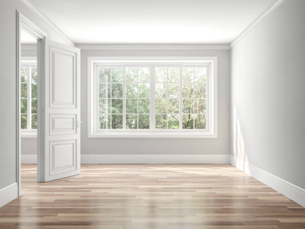 Empty classical style room 3d render Empty classical style room 3d render,The rooms have wooden floors and gray walls ,decorate with white moulding,there white window looking out to the balcony and nature view. thai door stock pictures, royalty-free photos & images