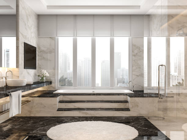 istock Modern luxury bathroom with black and white marble tile 3d render 1196922069