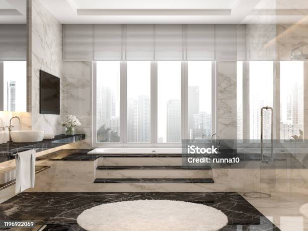 Modern Luxury Bathroom With Black And White Marble Tile 3d Render Stock Photo - Download Image Now