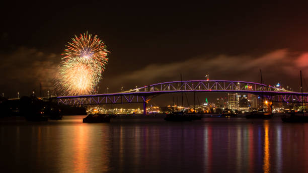 istock Auckland fireworks for New Year celebration with Harbor Bridge illuminated 1196922886