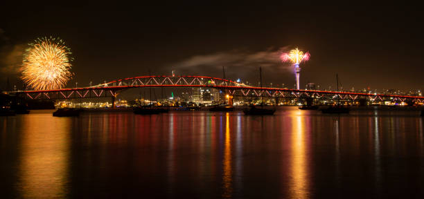 istock Auckland Sky Tower fireworks for New Year celebration with Harbor bridge illuminated in red 1196922895