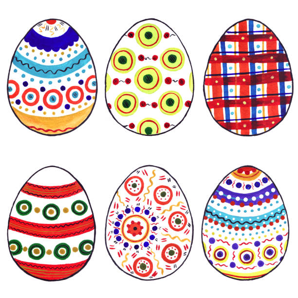 ilustrações de stock, clip art, desenhos animados e ícones de easter eggs - traditional watercolor painting: circles, dots and waves - free  hand illustration - easter remote blue cute