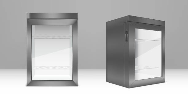 leerer grauer minikühlschrank mit klarer glastür - small shelf stock-grafiken, -clipart, -cartoons und -symbole