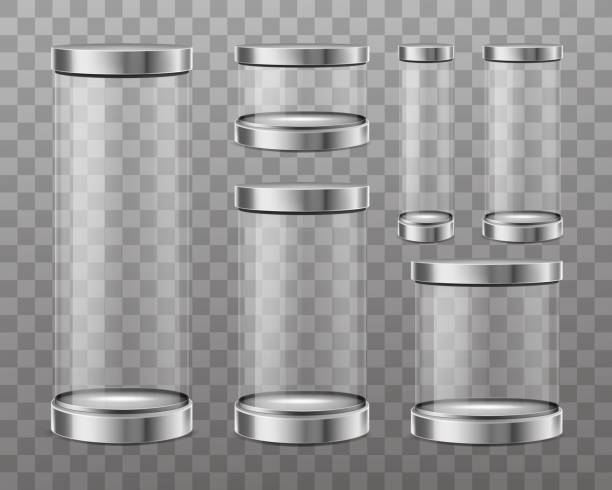прозрачный стеклянный цилиндр капсулы витрина - cylinder box packaging three dimensional shape stock illustrations