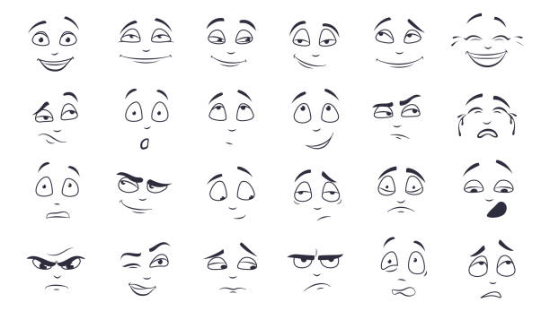 Facial expression flat vector illustration set Facial expression flat vector illustration set. Happy, laughing, pensive, unhappy, tired, angry, crying monochrome cartoon face. Emotions concept smirking stock illustrations
