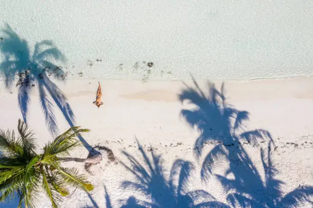 Photo of Drone view of woman relaxing on white sand beach with palm tress