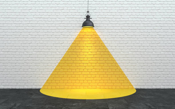White brick wall with a drawn beam of yellow light from a lamp. Creative interior with decor on the wall. Optical illusion in design. Conceptual illustration with copy space. 3D rendering. White brick wall with a drawn beam of yellow light from a lamp. Creative interior with decor on the wall. Optical illusion in design. Conceptual illustration with copy space. 3D rendering negative space illusion stock pictures, royalty-free photos & images