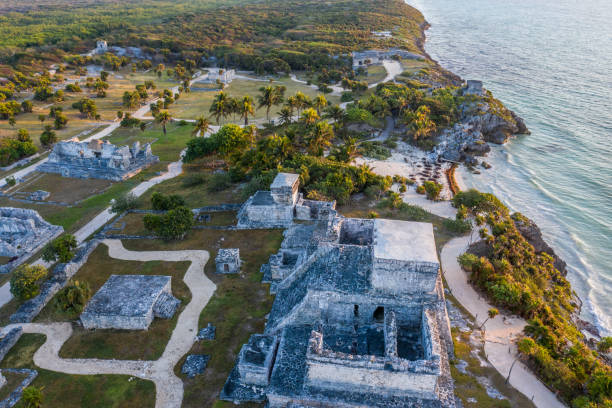 istock Drone view of El Castillo, Tulum ruins archeological zone, Mexico 1196942524