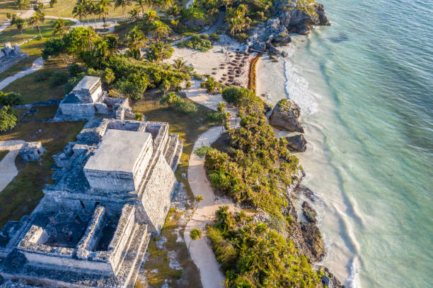 istock Drone view of El Castillo, Tulum ruins archeological zone, Mexico 1196942545