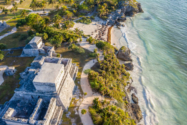 istock Drone view of El Castillo, Tulum ruins archeological zone, Mexico 1196942549