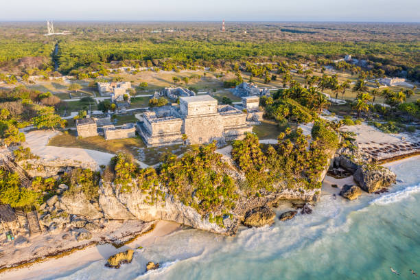 Drone view of El Castillo, Tulum ruins archeological zone, Mexico