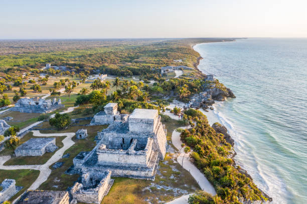 istock Drone view of El Castillo, Tulum ruins archeological zone, Mexico 1196943102