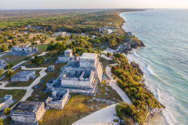 istock Drone view of El Castillo, Tulum ruins archeological zone, Mexico 1196943108