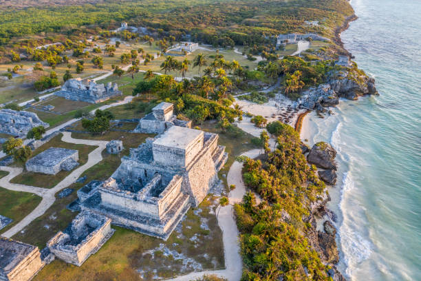 istock Drone view of El Castillo, Tulum ruins archeological zone, Mexico 1196943109