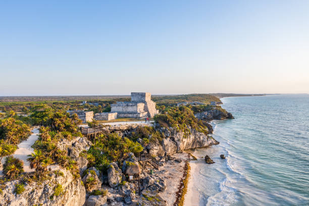 istock Drone view of El Castillo, Tulum ruins archeological zone, Mexico 1196943132