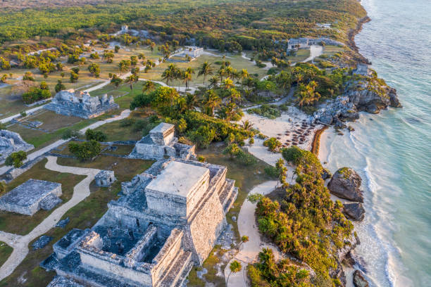 istock Drone view of El Castillo, Tulum ruins archeological zone, Mexico 1196943134