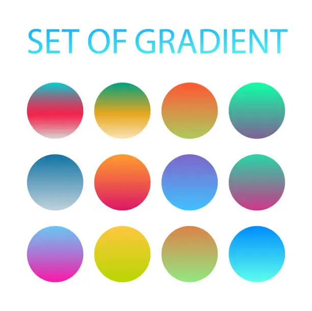 Vector illustration of Rounded holographic gradient sphere button. Multicolor green purple yellow orange pink cyan fluid circle gradients, colorful soft round buttons or vivid color spheres flat vector