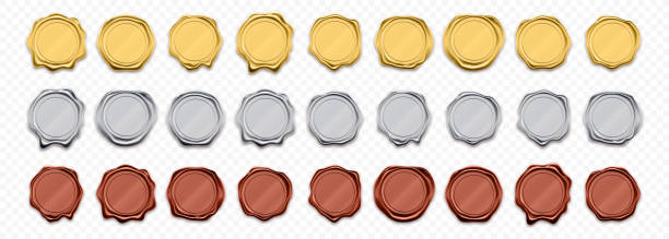 uszczelki woskowe, złote i srebrne znaczki, wektorowe realistyczne etykiety gwarancyjne. błyszczące złote i czerwone woskowe szablony pieczęci, certyfikaty gwarancyjne i gwarancyjne - seal stamper business medal certificate stock illustrations