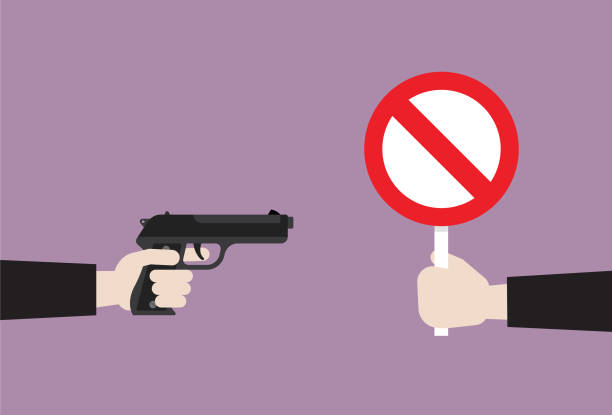 Businessman show prohibition sign to a gun 'No' Symbol, Handgun, No gun allowed sign, Exclusion, Sign, Safety, Weapon gun free zone sign stock illustrations