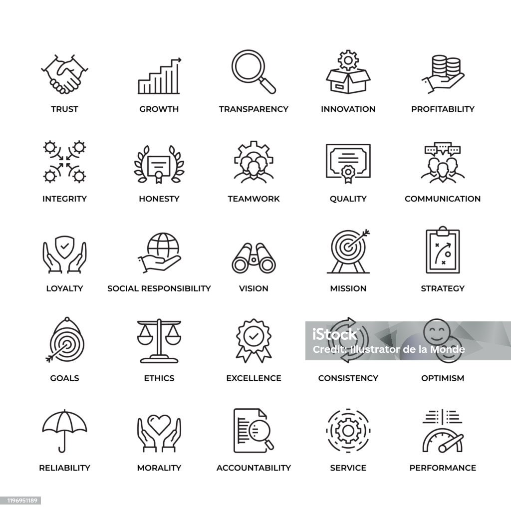 Premium Quality Core Values Icon Set Premium Quality Core Values Icon Set. This unique style outline icon set contains such icons as Trust, Honesty, Quality, Ethics  and so on Icon stock vector
