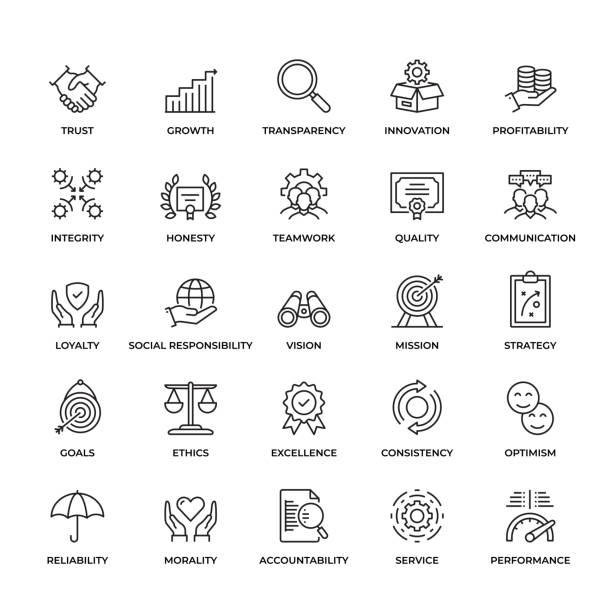 Premium Quality Core Values Icon Set Premium Quality Core Values Icon Set. This unique style outline icon set contains such icons as Trust, Honesty, Quality, Ethics  and so on trust stock illustrations