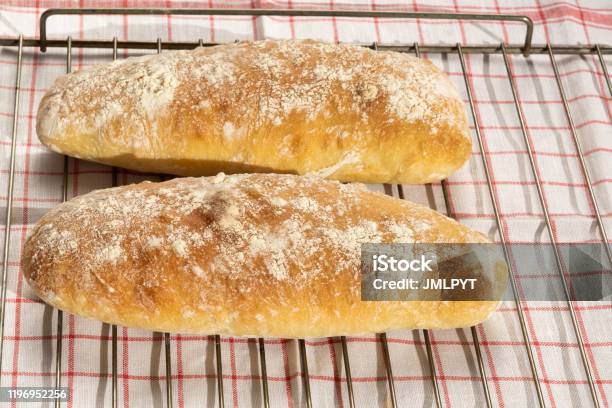 Italian Bred Horizontal View Ciabatta Home Made Stock Photo - Download Image Now - Bread, Ciabatta, Flour