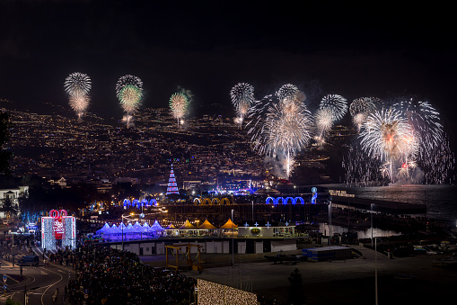 Magnificent New Year fireworks in Funchal, Madeira Island, Portugal.
