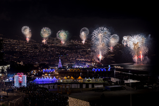 Magnificent New Year fireworks in Funchal, Madeira Island, Portugal.