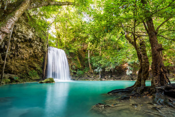 cachoeira e cor azul da água esmeralda no parque nacional de erawan. - erawan falls fotos - fotografias e filmes do acervo