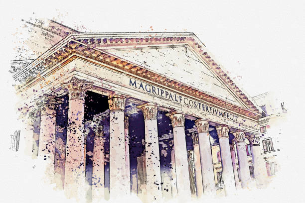 ilustraciones, imágenes clip art, dibujos animados e iconos de stock de acuarela dibujo del panteón famoso monumento en roma italia. - ancient rome rome fountain pantheon rome