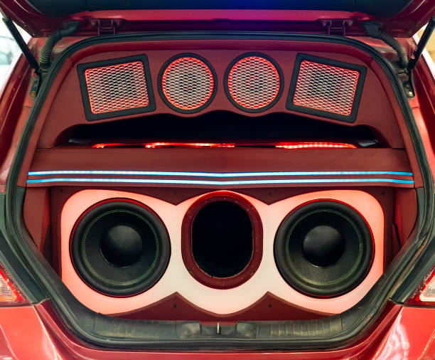 colorful lights of stereo and speakers in car - car stereo imagens e fotografias de stock