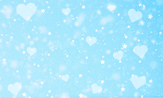 light bright blue snowfall, love heart and star background