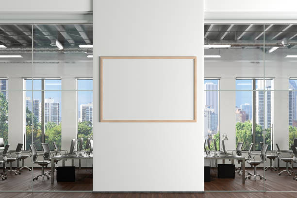 Blank horizontal poster mock up on the white wall in office interior
