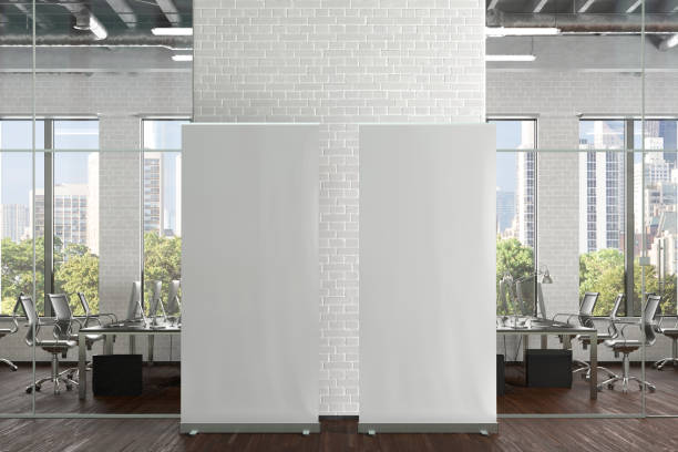 Blank roll up banner stand in office interior Blank roll up banner stands in white brick office interior. 3d illustration roll up banner photos stock pictures, royalty-free photos & images
