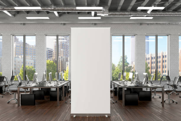 Blank roll up banner stand in white brick office interior. Blank roll up banner stand in white brick office interior. 3d illustration roll up banner photos stock pictures, royalty-free photos & images