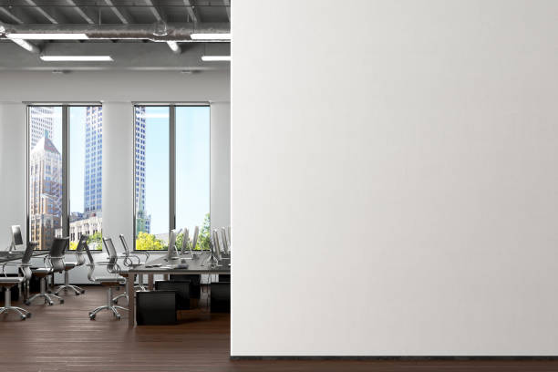 istock Blank white brick wall mock up in office interior. 1196966960