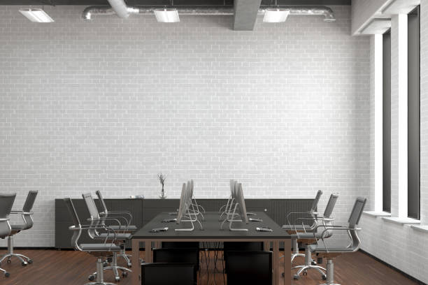 istock Blank white brick wall mock up in office interior. 1196967003