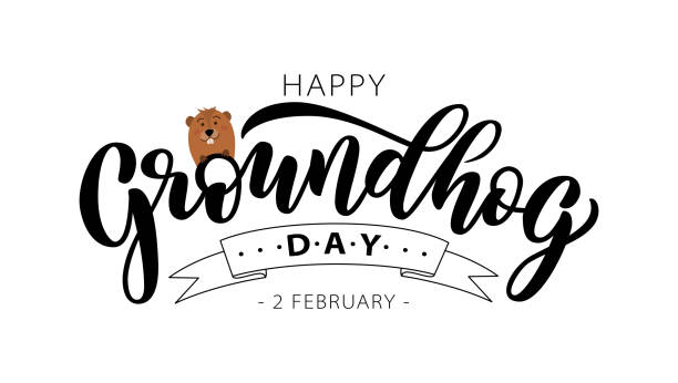 ilustraciones, imágenes clip art, dibujos animados e iconos de stock de feliz día de la marmota. texto de letras dibujado a mano con marmota linda. 2 de febrero. ilustración vectorial. - groundhog day