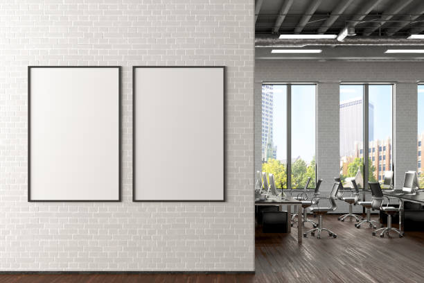 Blank horizontal poster mock up on the wall in office interior Two blank vertical posters mock up on the white brick wall in office interior. 3d render. two objects photos stock pictures, royalty-free photos & images