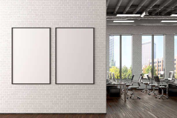 blank horizontal poster mock up on the wall in office interior - entrance hall fotos imagens e fotografias de stock